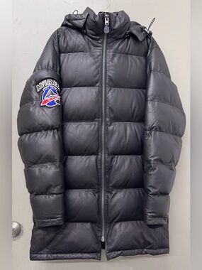 Avirex Black Quilted Long Hooded Puffer with Sleeve Patch Mens size M